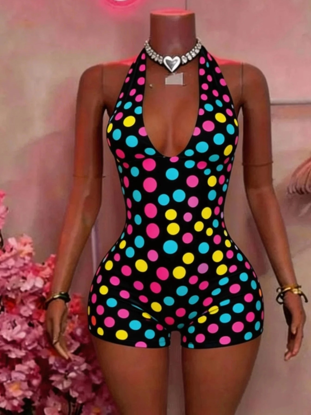 Women’s Black Polka Dot Halter One-Piece Swim Romper - Pink Yellow Blue Dots